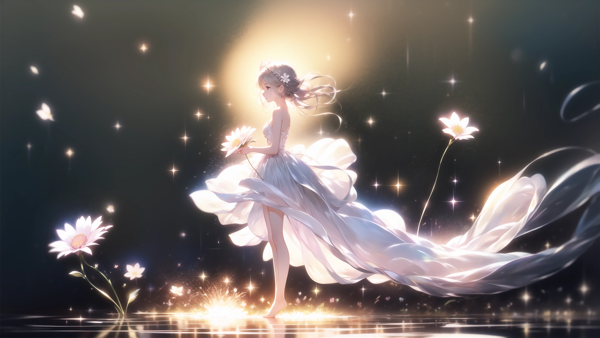 唯美小女孩 白色裙子 花 星光 动漫壁纸_彼岸壁纸.jpg