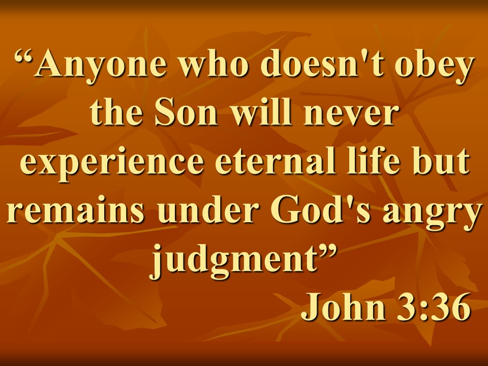 John the Baptist and Jesus. Anyone who doesn't obey the Son will never experience eternal life but remains under God's angry judgment. John 3,36.jpg