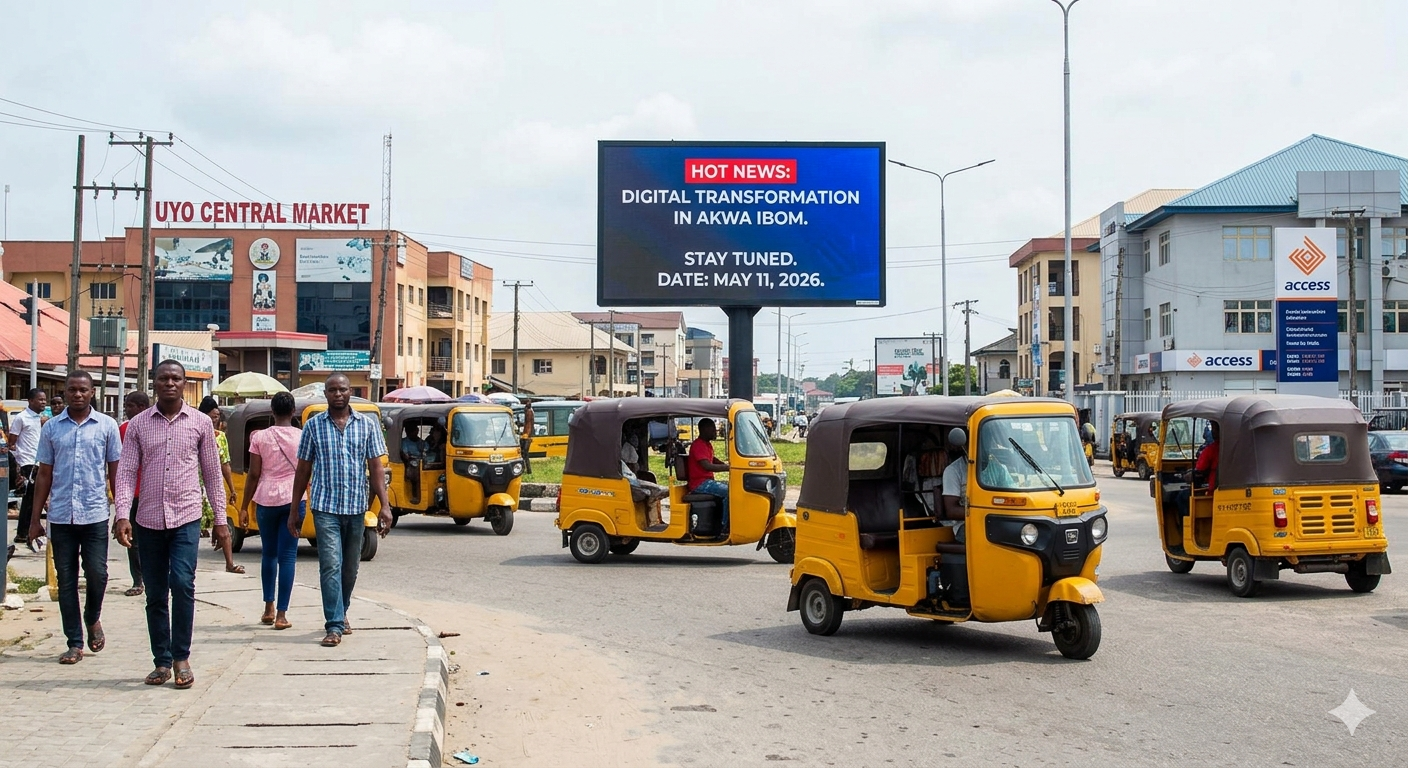 A daytime view of busy traffic near Ibom Plaza, Uyo. Note the digital billboard displaying today's Hot News headline: "DIGITAL TRANSFORMATION IN AKWA IBOM. STAY TUNED." The yellow Keke Napep are navigating the intersection.