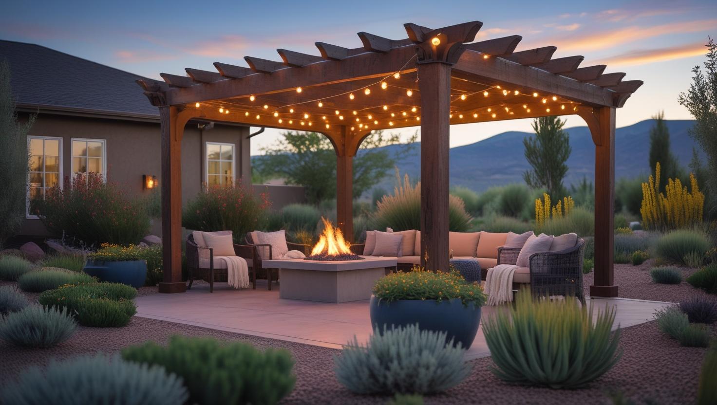 _A beautifully remodeled outdoor living space in Lafayette, Colorado, featuring a pergola, cozy seating with blankets, a fire pit, and drought-tolerant landscaping. Include subtle mountain or foothill scenery in th.jpg