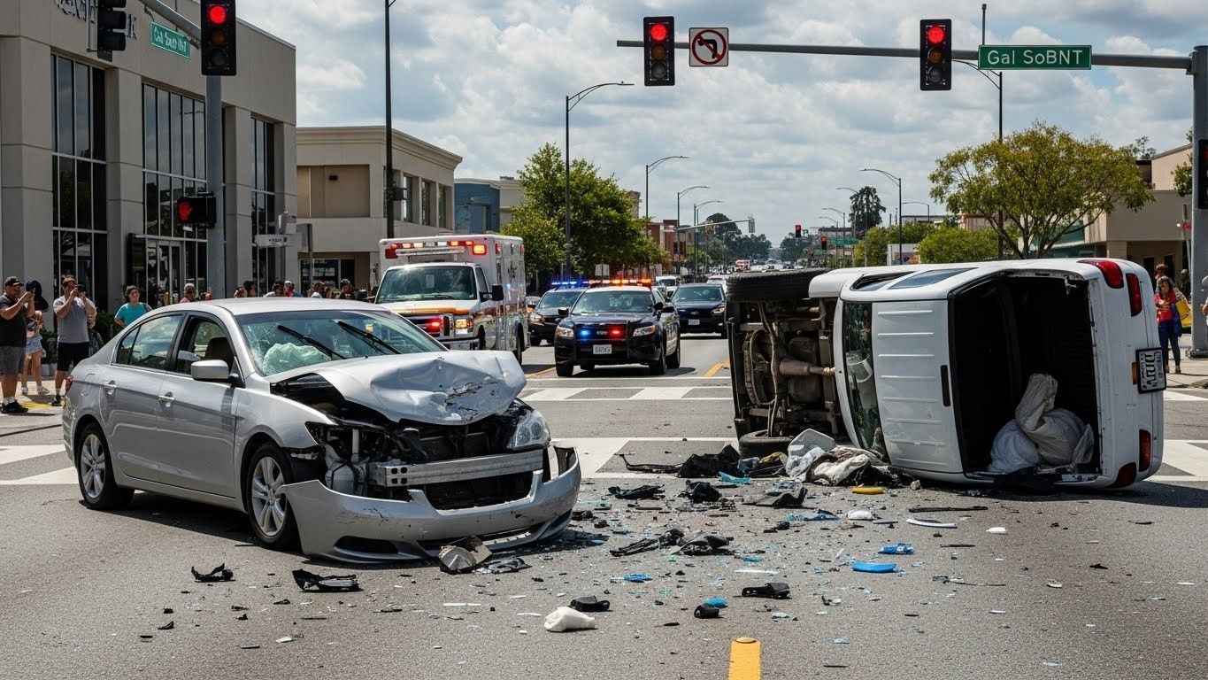 A severe intersection crash involving a heavily damaged sedan and an overturned vehicle, with debris scattered across the road as police and emergency responders arrive.