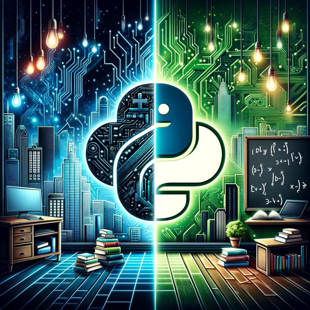 DALL·E 2024-05-14 07.48.20 - A digital artwork featuring a half-and-half theme, representing Node.js and Python. On the left, an abstract, futuristic cityscape symbolizing Node.js.webp