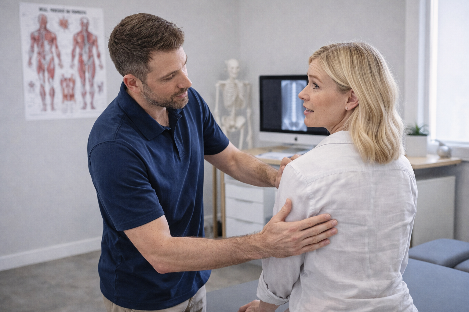 Chiropractor performing an initial posture and spine assessment while listening to a patient’s questions in a clean treatment room with anatomy displays and exam equipment nearby.