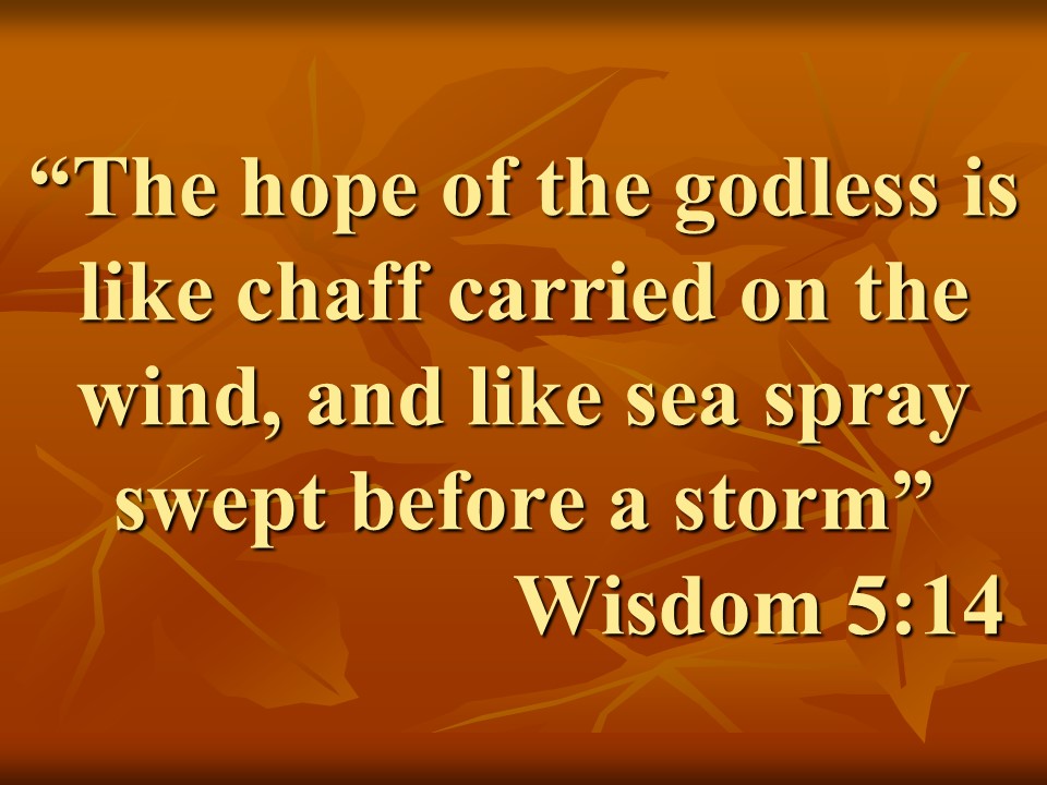 Wisdom vs foolishness. The hope of the godless is like chaff carried on the wind, and like sea spray swept before a storm. Wisdom 5,14.jpg