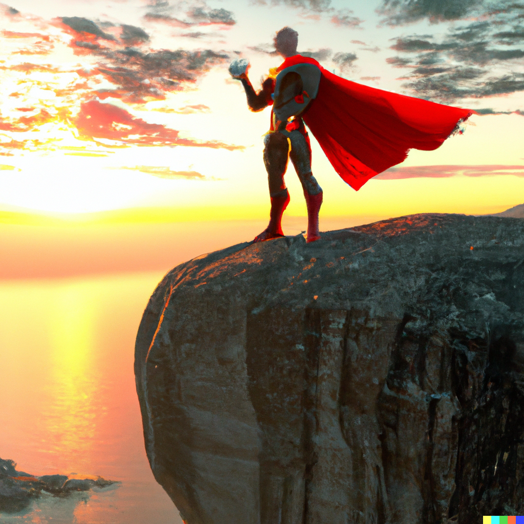 DALL·E 2023-01-24 16.34.54 - Super Hero holding cup of coffee on top of the stone watching sunrise, digital art... 3d.png