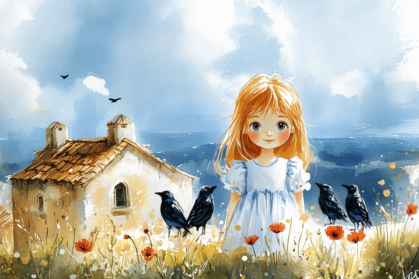 esperluete_A_girl_with_red_hair_stands_next_to_three_black_bird_e2.jpg
