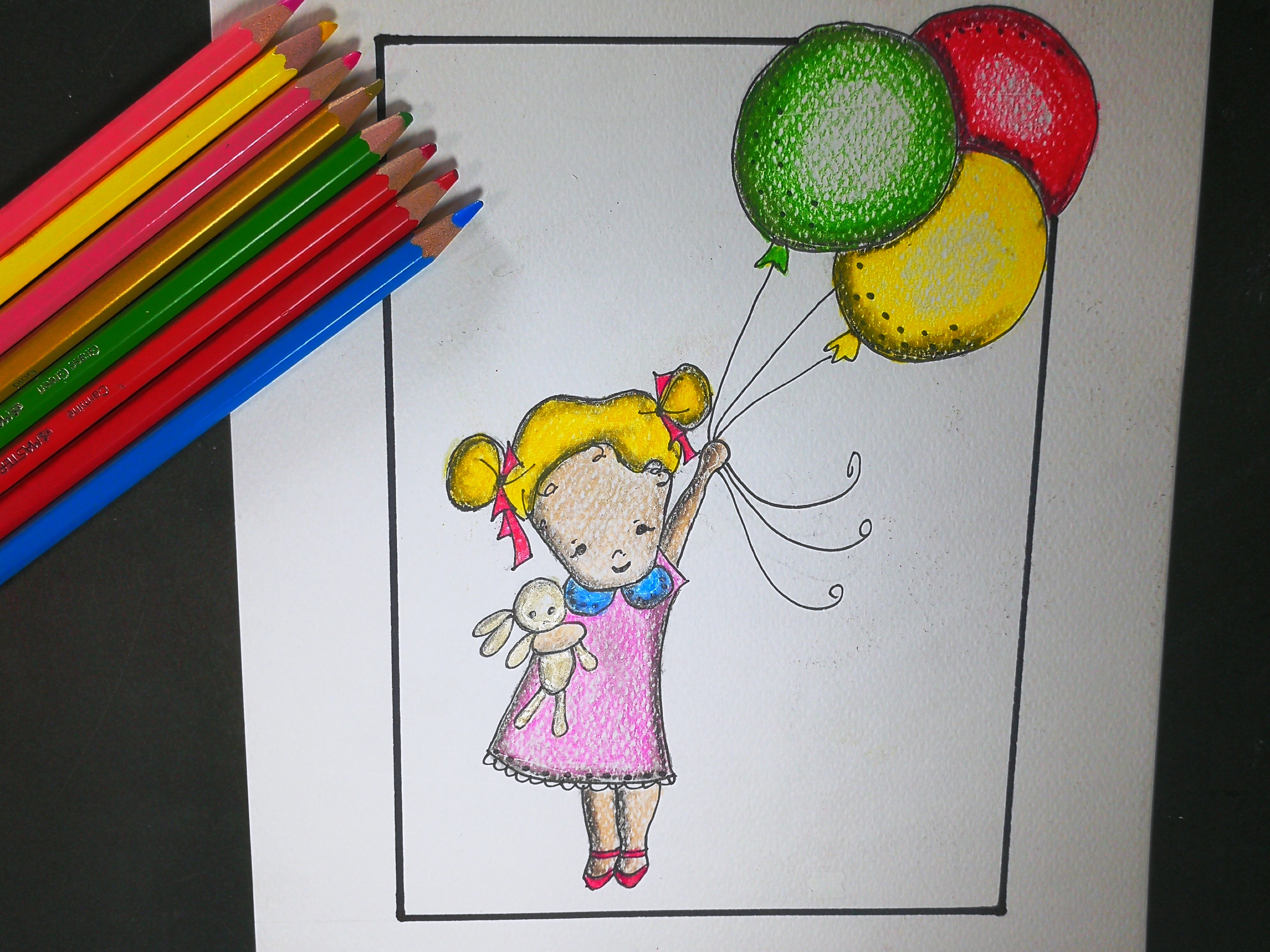 Illustration Of Happy Girl With Balloons. Kids Drawing Royalty Free SVG,  Cliparts, Vectors, and Stock Illustration. Image 48793196.