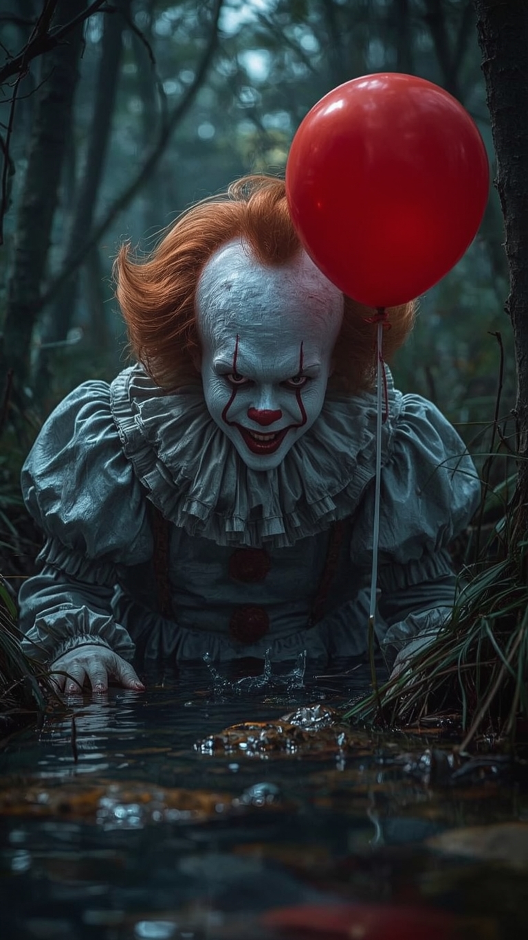 lucid-realism_Creepy_Pennywise_clown_in_the_dark_woods_near_river_hiding_in_vibrant_details-1.jpg