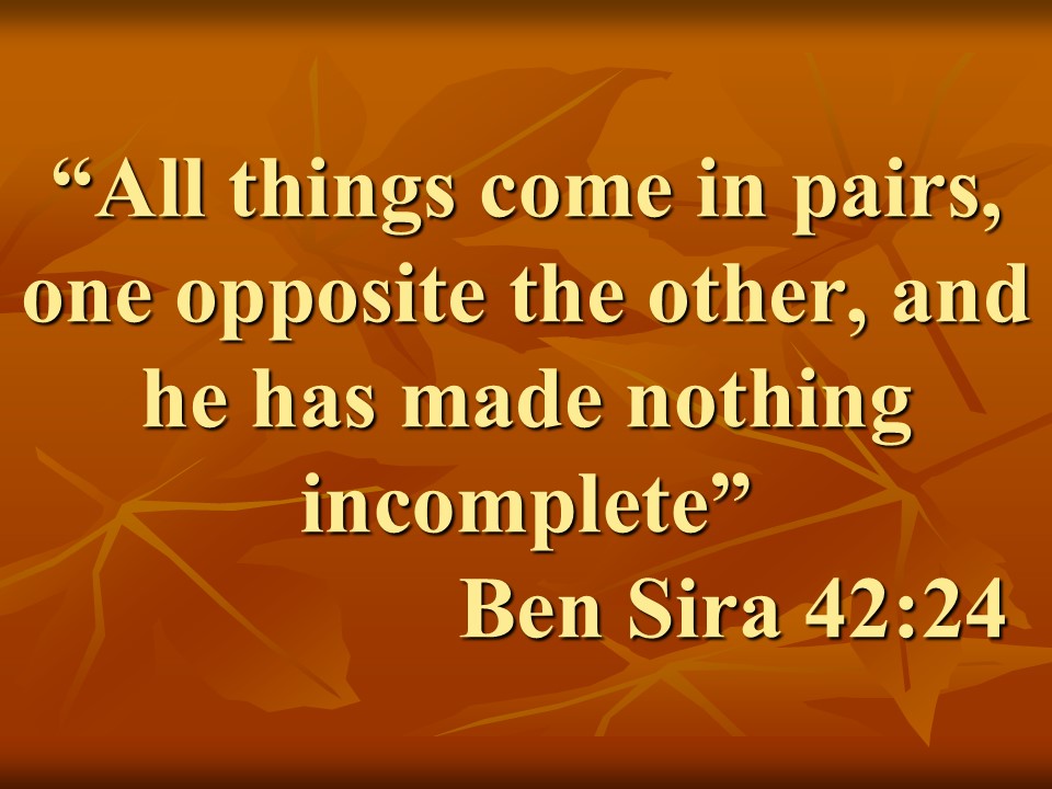 Bible wisdom. All things come in pairs, one opposite the other, and he has made nothing incomplete. Ben Sira 42,24.jpg