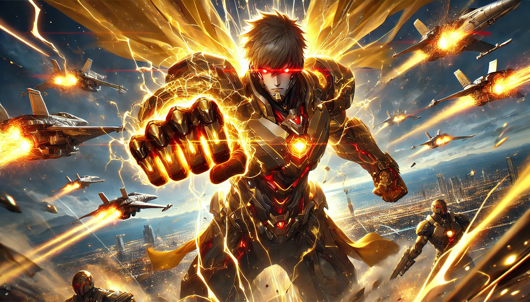 DALL·E 2025-02-23 08.04.23 - A futuristic anime-style warrior in golden energy-infused armor, delivering a devastating energy punch that shatters the air around him. His red eyes .webp