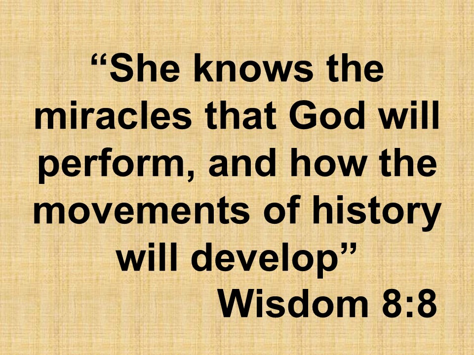 The mystery of wisdom. She knows the miracles that God will perform, and how the movements of history will develop. Wisdom 8,8.jpg