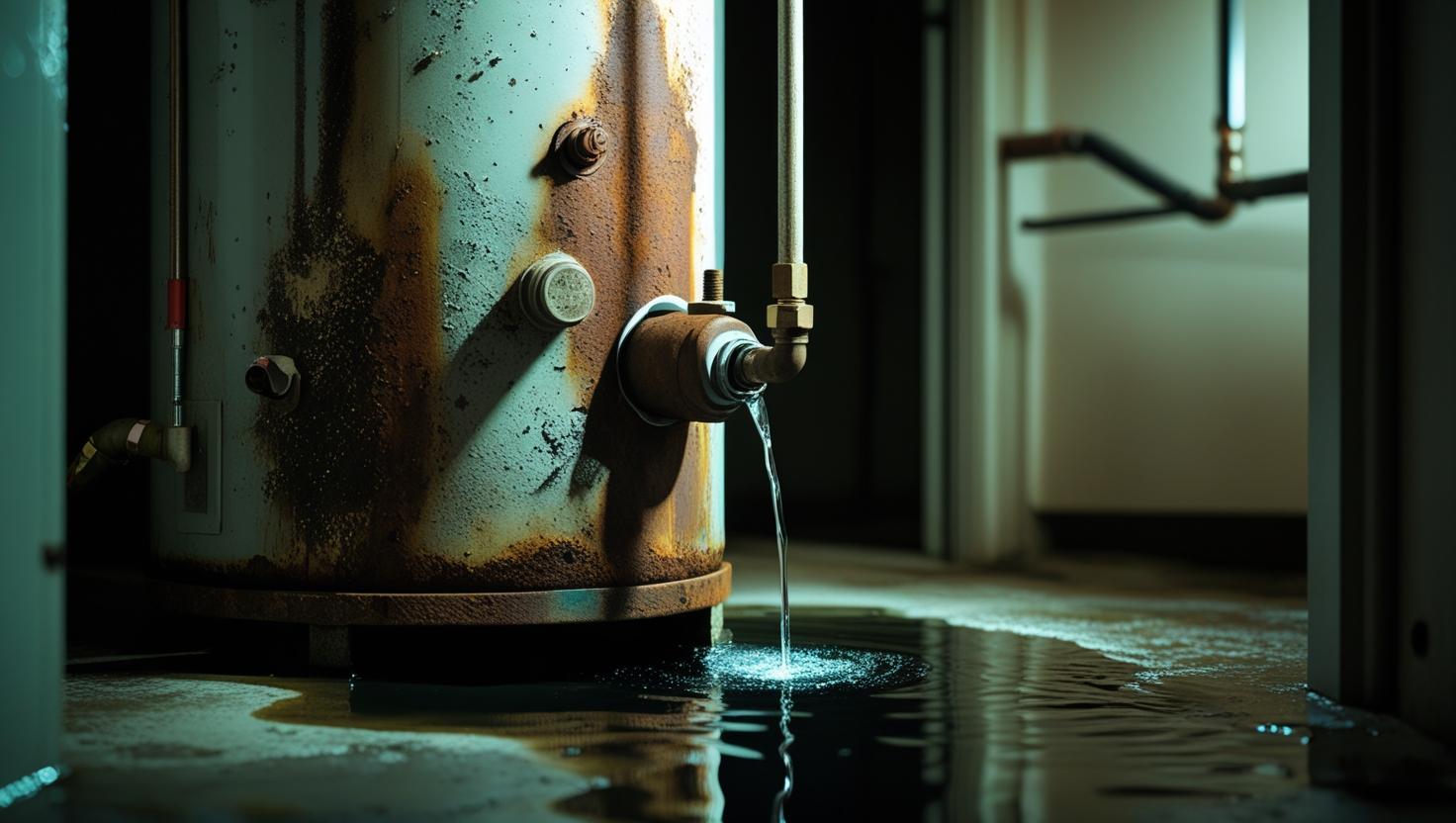 old, rusty water heater in a dimly lit utility room, with a small leak or water pooling underneath, realistic residential setting, clear signs of wear and corrosion, professional tone (1).jpg