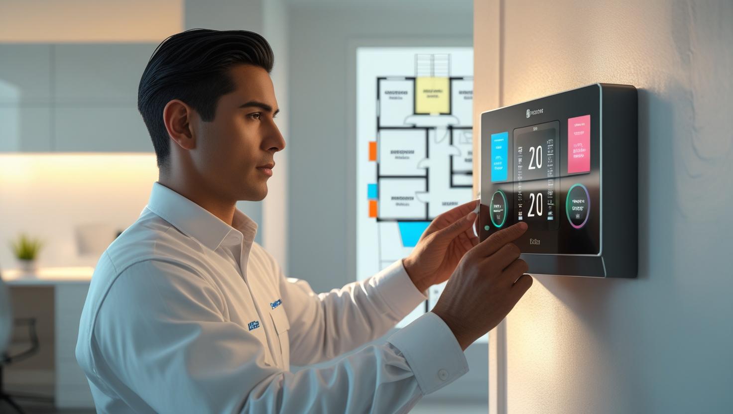 An HVAC technician adjusting a digital thermostat or zoning control panel inside a modern home or office. The screen should display multiple zones labeled (e.g., Living Room, Bedroom, Office) with different tempera.jpg