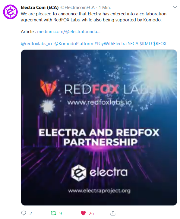 Electra (ECA) announced their partnership with RedFOXLabs - supported by Komodo