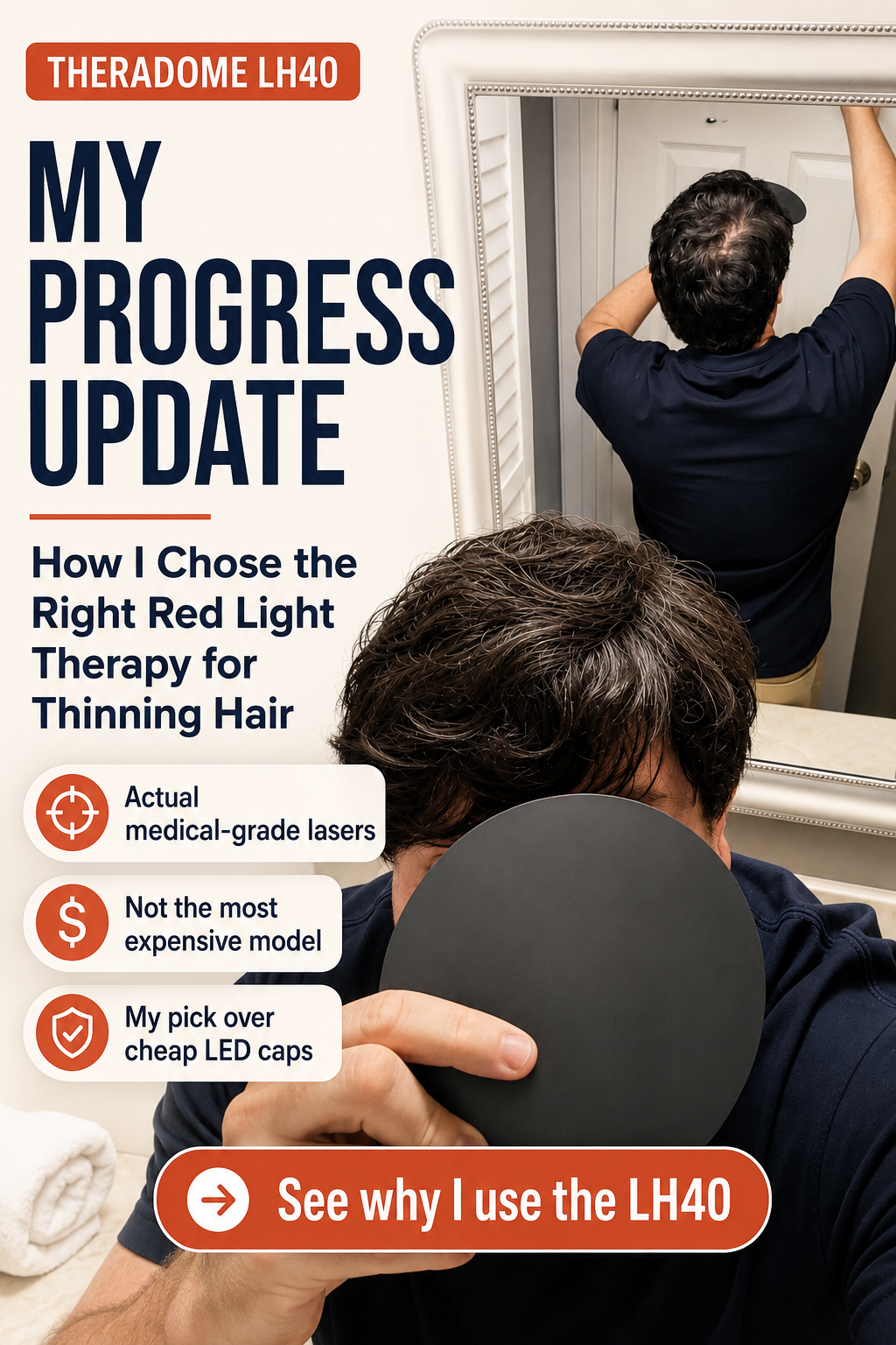 Theradome LH40 progress update showing red light therapy helmet review for thinning hair