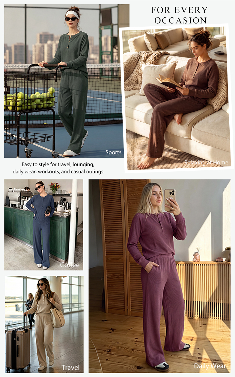 2 Piece Lounge Sets for Women Airport Travel Outfit Waffle Knit Long Sleeve Button Up Henley Top & Wide Leg Pants, Co.png