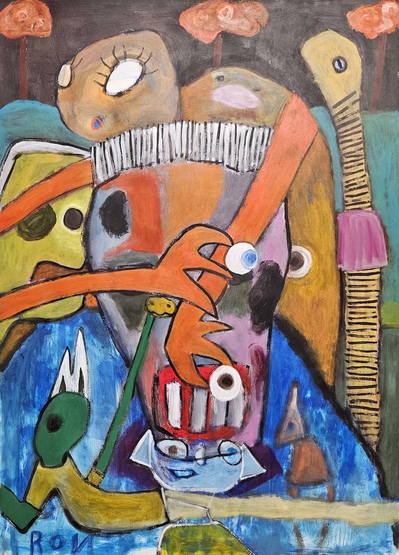 “The New Secretary of War Getting Defaced by the Memory of His Future Grandchildren” 2025. Acrylic on paper, 24 x 36