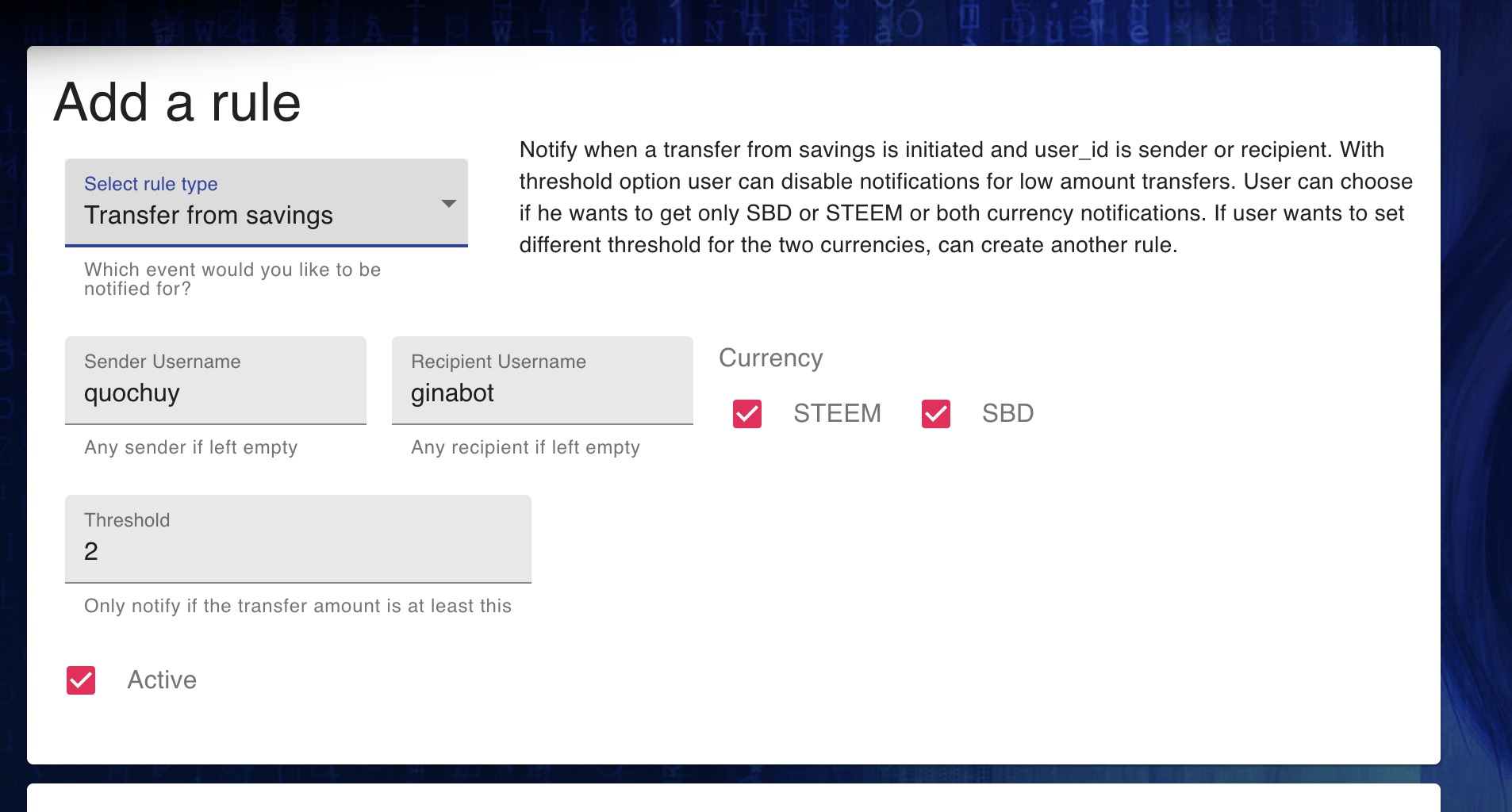 GINAbot - Transfer from savings form