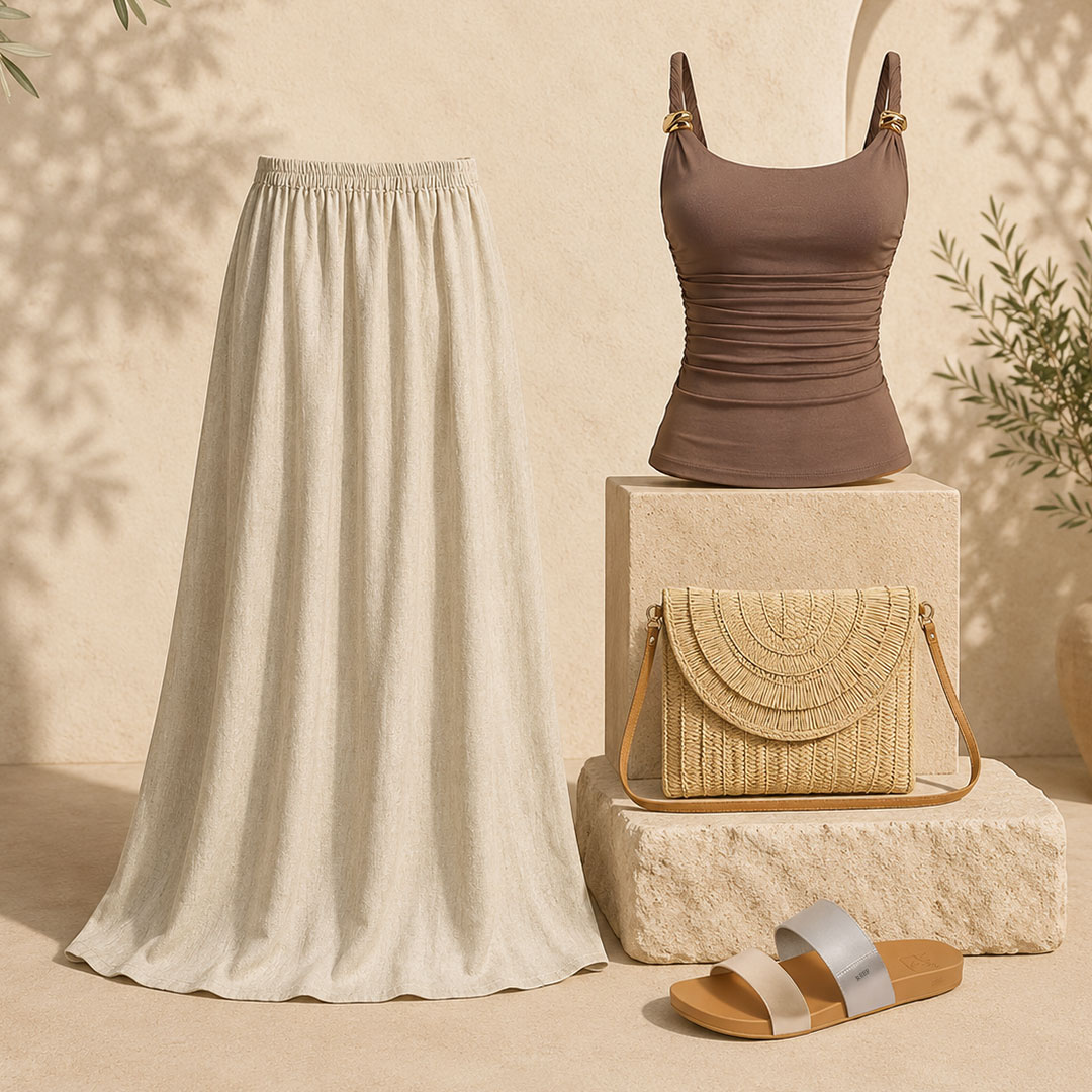 #summeroutfit #ruchedtop #flowyskirt #strawclutch #comfysandals #amazonfinds.jpg
