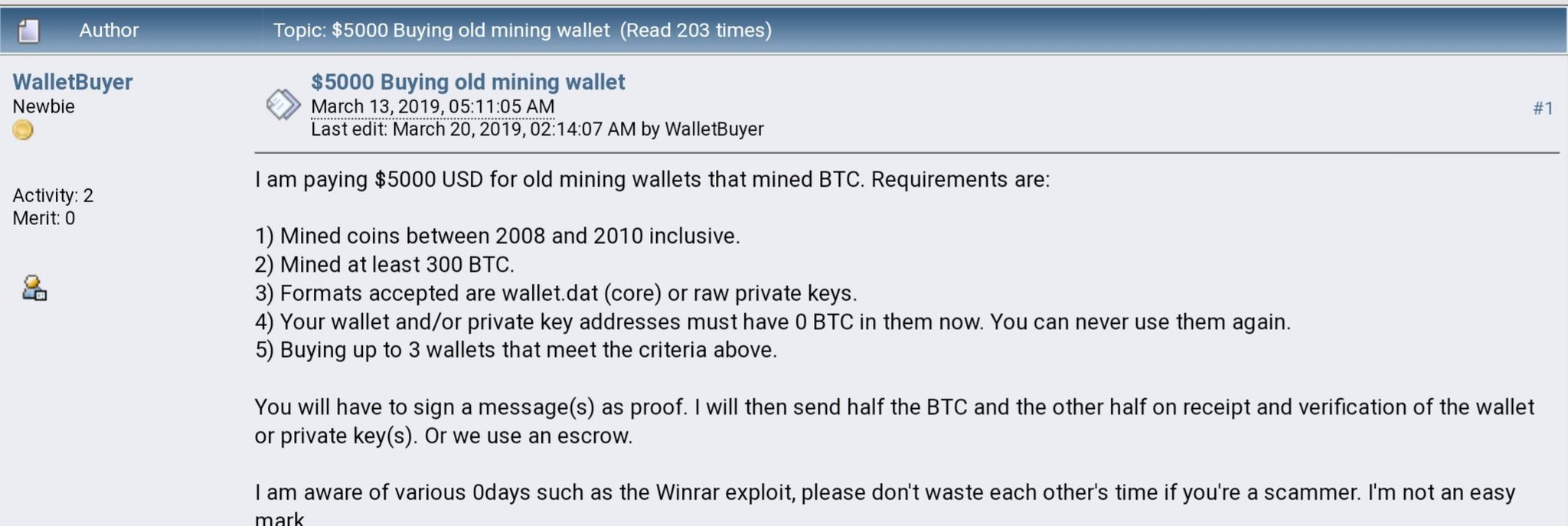 On the BitcoinTalk forum, they pay $ 5000 for old Bitcoin wallets. — Steemit