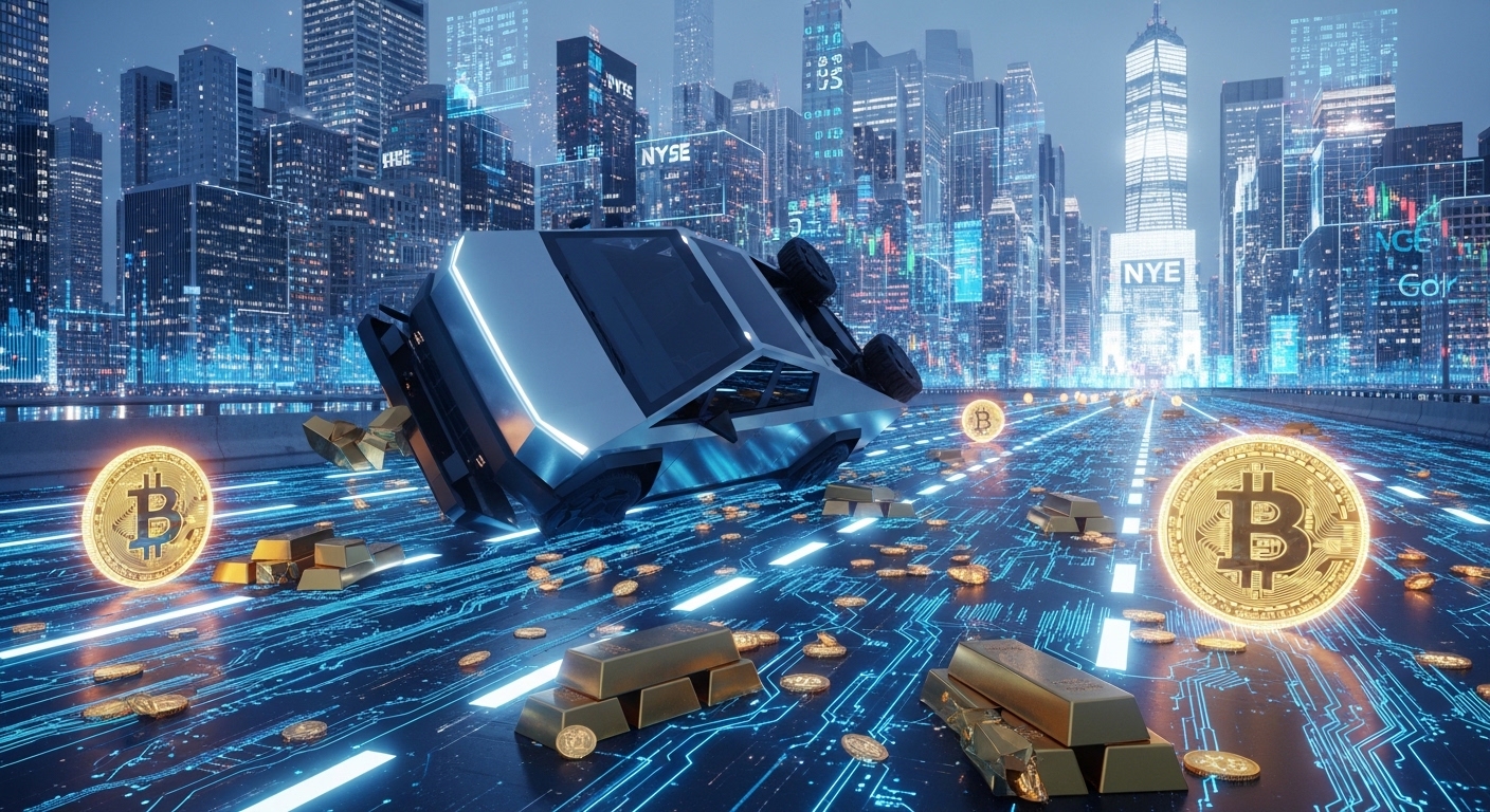 An artistic representation of a gold truck spilling bars on a digital highway with Bitcoin symbols and institutional bank logos like NYSE and Franklin Templeton..jpeg