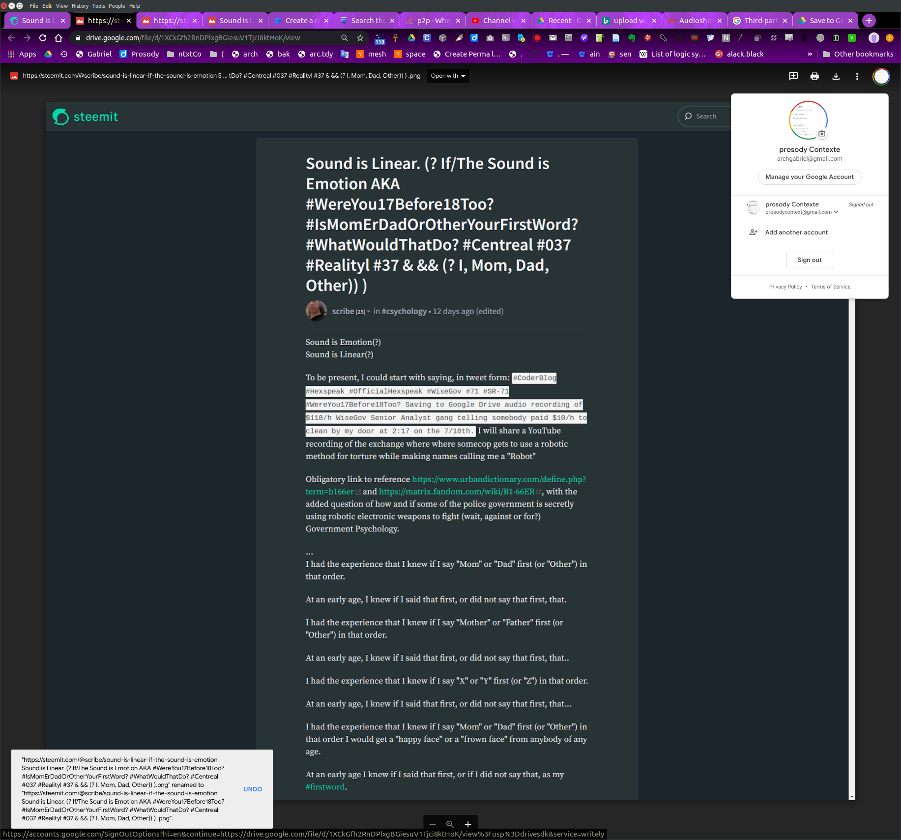 Screenshot from 2020-07-10 10-58-09Screenshot from 2020-07-10 10-58-13 `20200710-0930 #37 #118 #037 #Evidence forwith https:\\www.youtube.com\watch?v=BCCMTfdhMqY from writing\coding https:\\steemit.com\@scribe next to SR-71 sound weapon`.png
