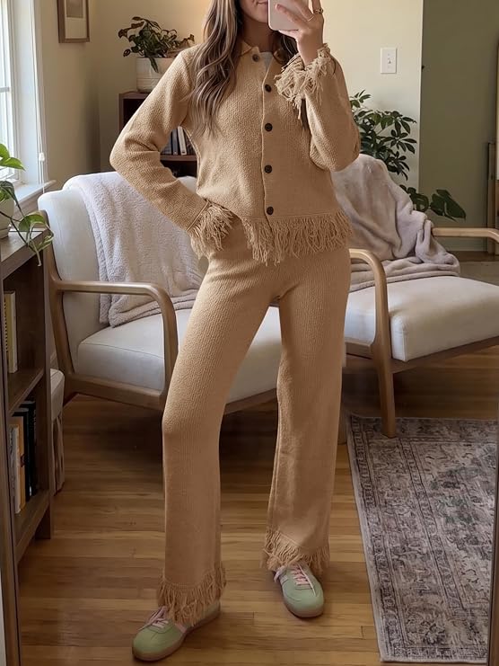Womens Fringe Button Up Sweater Sets 2 Piece Vacation Outfits.jpg
