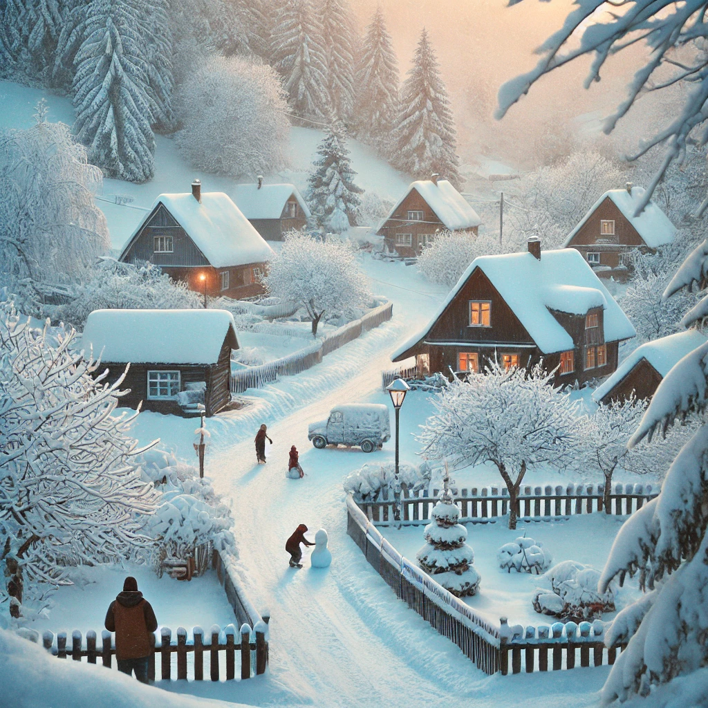 DALL·E 2025-03-24 12.23.27 - A peaceful winter scene with freshly fallen snow covering a quiet village. Snow-covered trees line the streets, and rooftops are blanketed in white. A.webp
