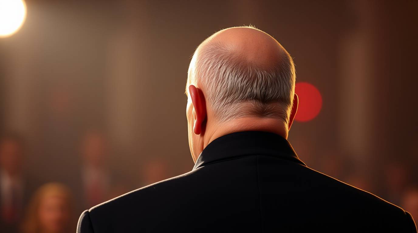 Warm gentle soft light illuminating a bald, plump man in his sixties, from behind, as he directs FC Internazionale journalists. Diffused shadows, subtle illumination, reds, oranges, yellows.jpg