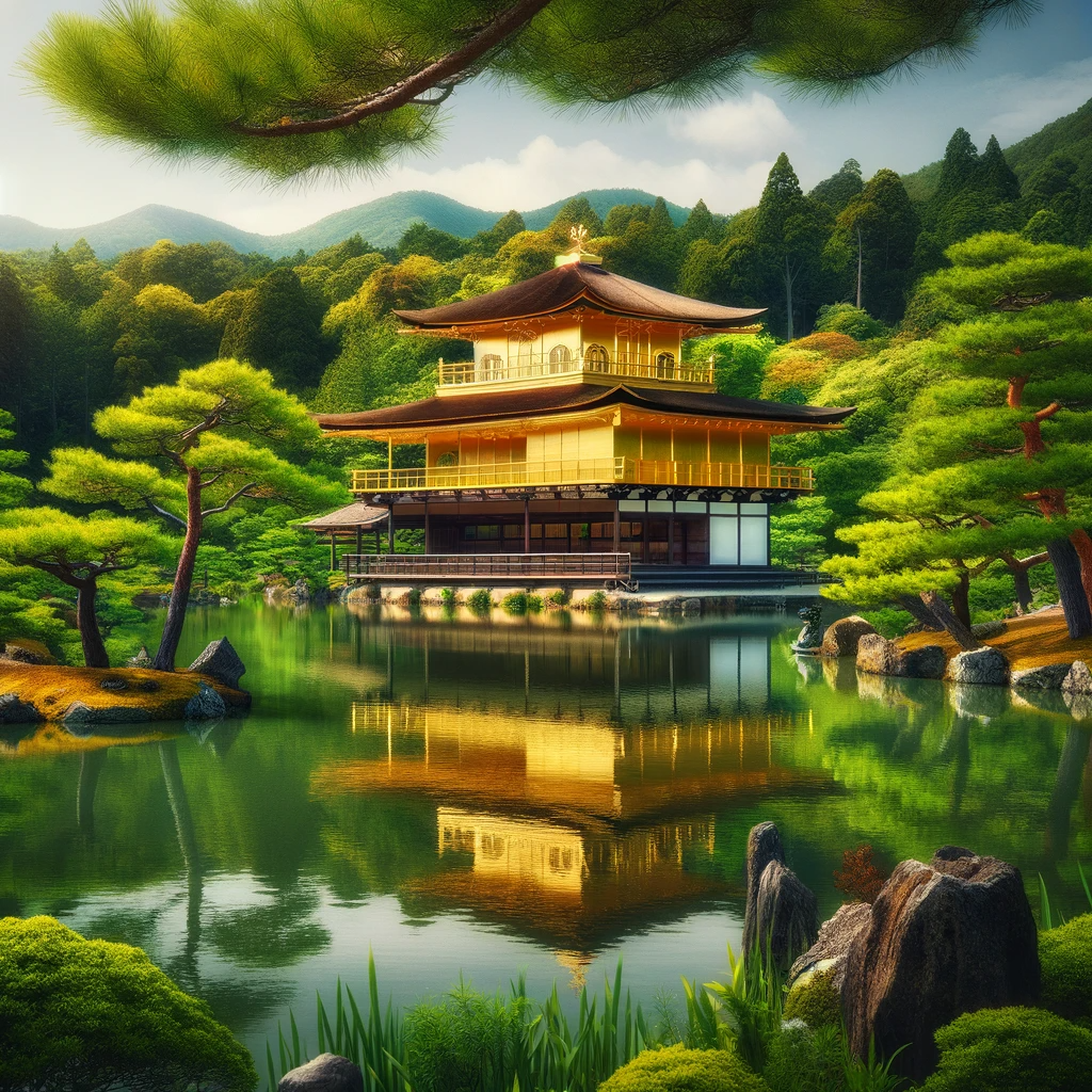 DALL·E 2023-12-28 18.17.08 - A serene view of the Golden Pavilion (Kinkaku-ji) in Kyoto, Japan, with its reflection in the surrounding pond, amidst lush greenery.png
