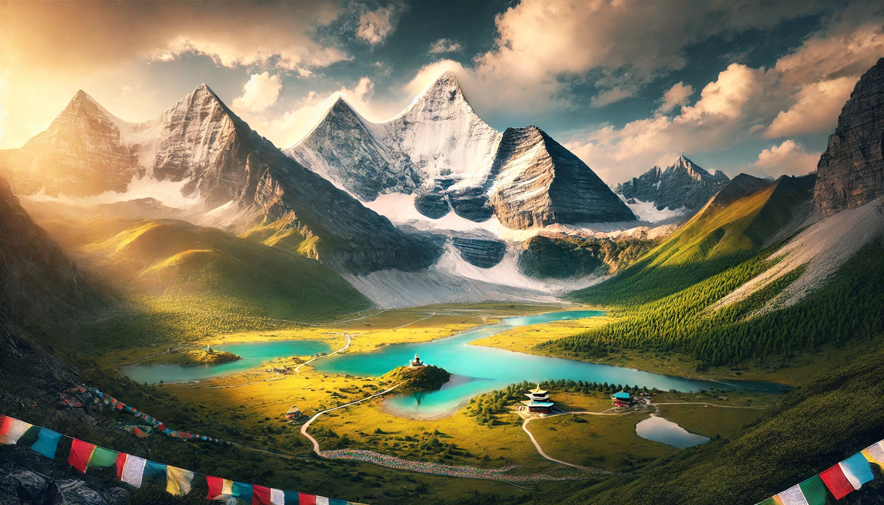 DALL·E 2025-01-23 08.08.13 - A breathtaking view of Yading's Three Sacred Mountains in Sichuan, China, showcasing the snow-capped peaks rising majestically above vibrant green mea.webp