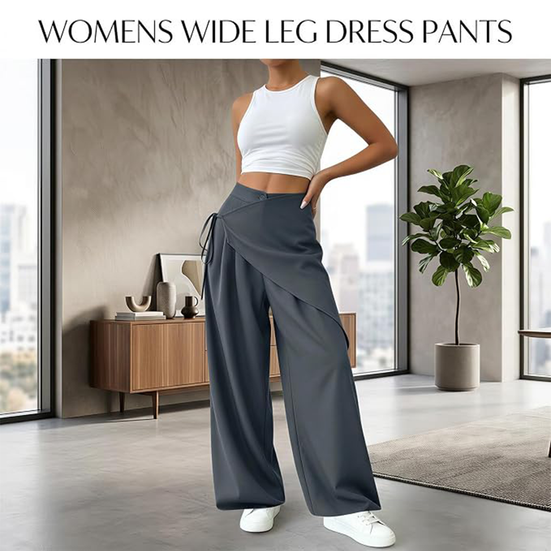 Wide Leg Dress Pants for Women Business Casual High Waisted Wrap Front Trousers Asymmetric Tie Waist Palazzo Pants.png