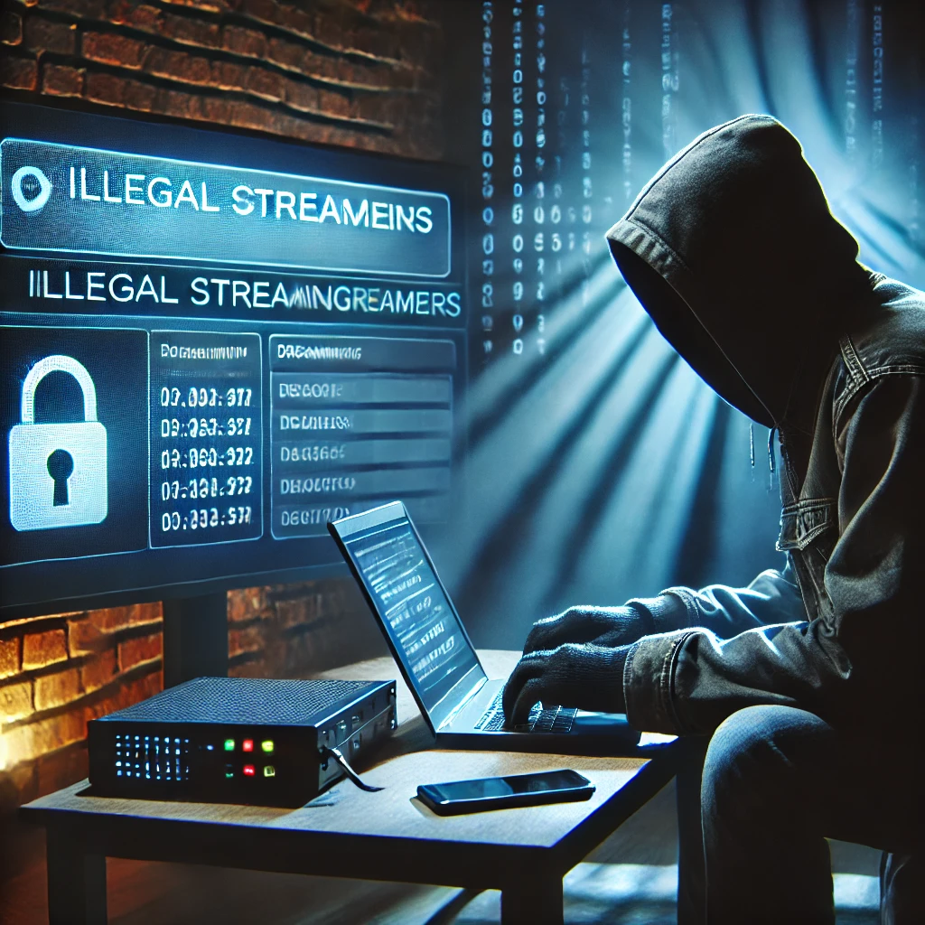 DALL·E 2025-02-09 11.16.16 - A digital hacker in a dark room extracting data from an illegal streaming device, with a glowing screen displaying stolen credentials.webp