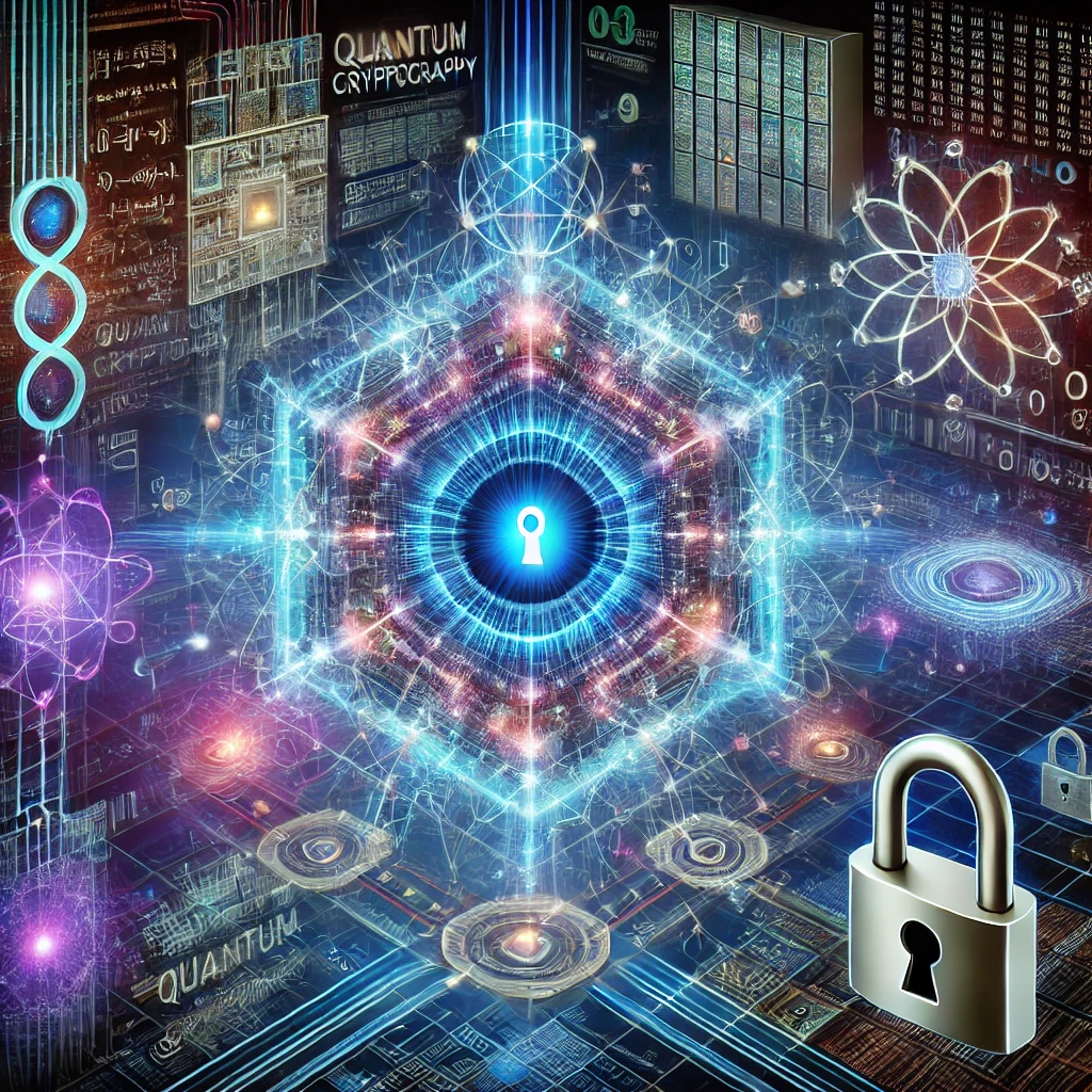 DALL·E 2025-03-16 14.50.59 - A futuristic concept of Post-Quantum Cryptography. The image should depict a glowing quantum computer surrounded by complex mathematical structures an.webp