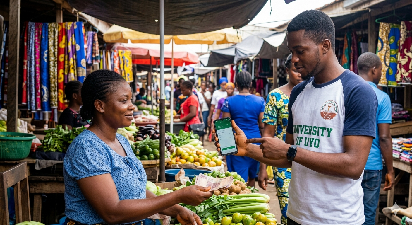 A local food vendor in a busy Uyo traditional market smiles as she accepts a digital POS transfer verification on a customer’s phone. The blending of traditional commerce and digital tools is a clear sign of our evolving local economy.