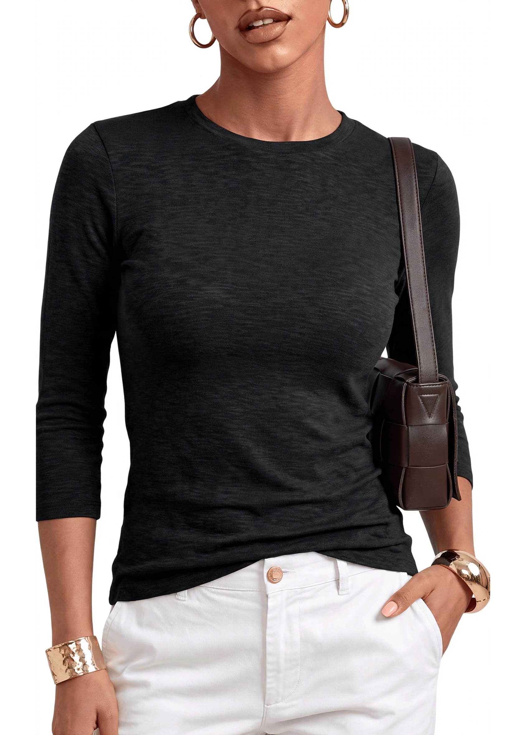 Women's 34 Length Sleeve Tops Crew Neck Fitted Fall Basic Shirt.jpg
