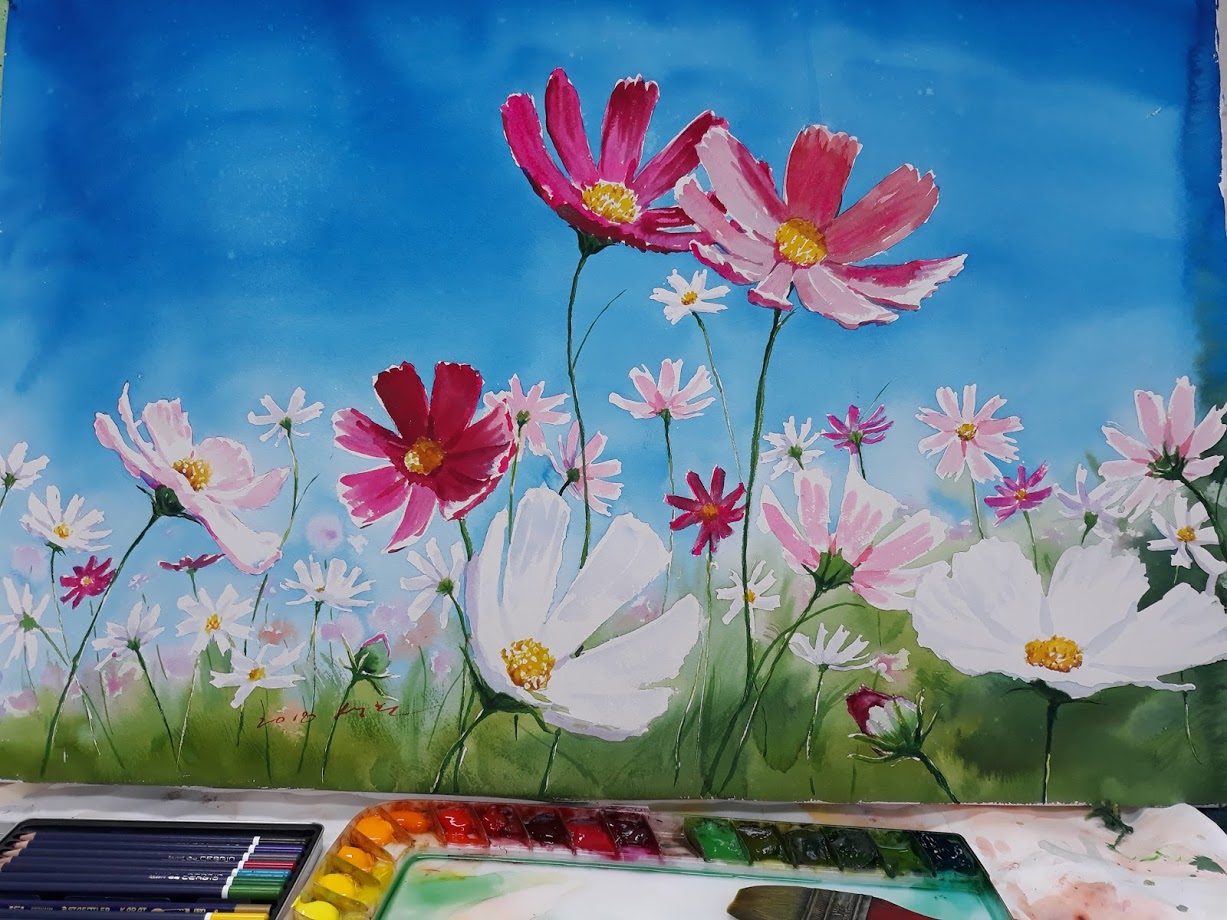 #Colorchallenge Friday Blue-Sky and Flowers /꽃 그리기 How to draw[video]