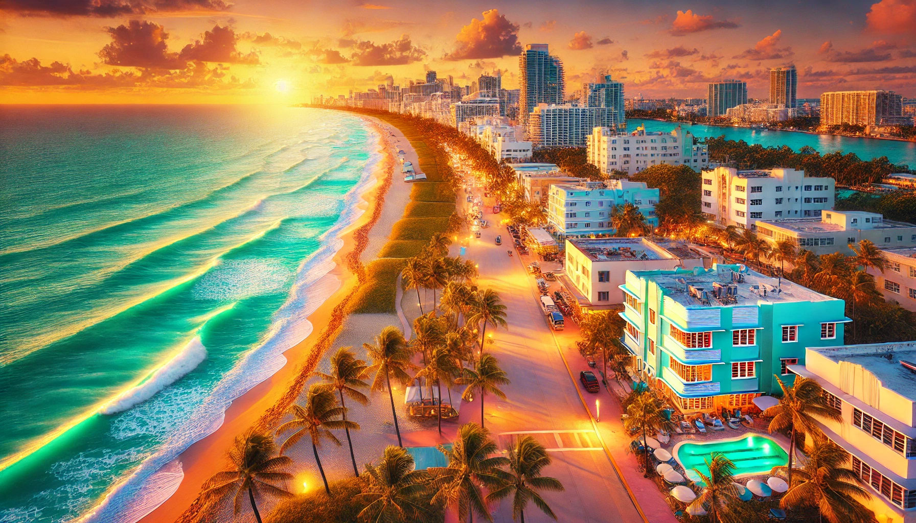 DALL·E 2024-12-05 09.35.04 - A stunning view of Miami’s South Beach at sunset, showcasing golden sands, vibrant turquoise waves, and the pastel-colored Art Deco buildings along Oc.webp
