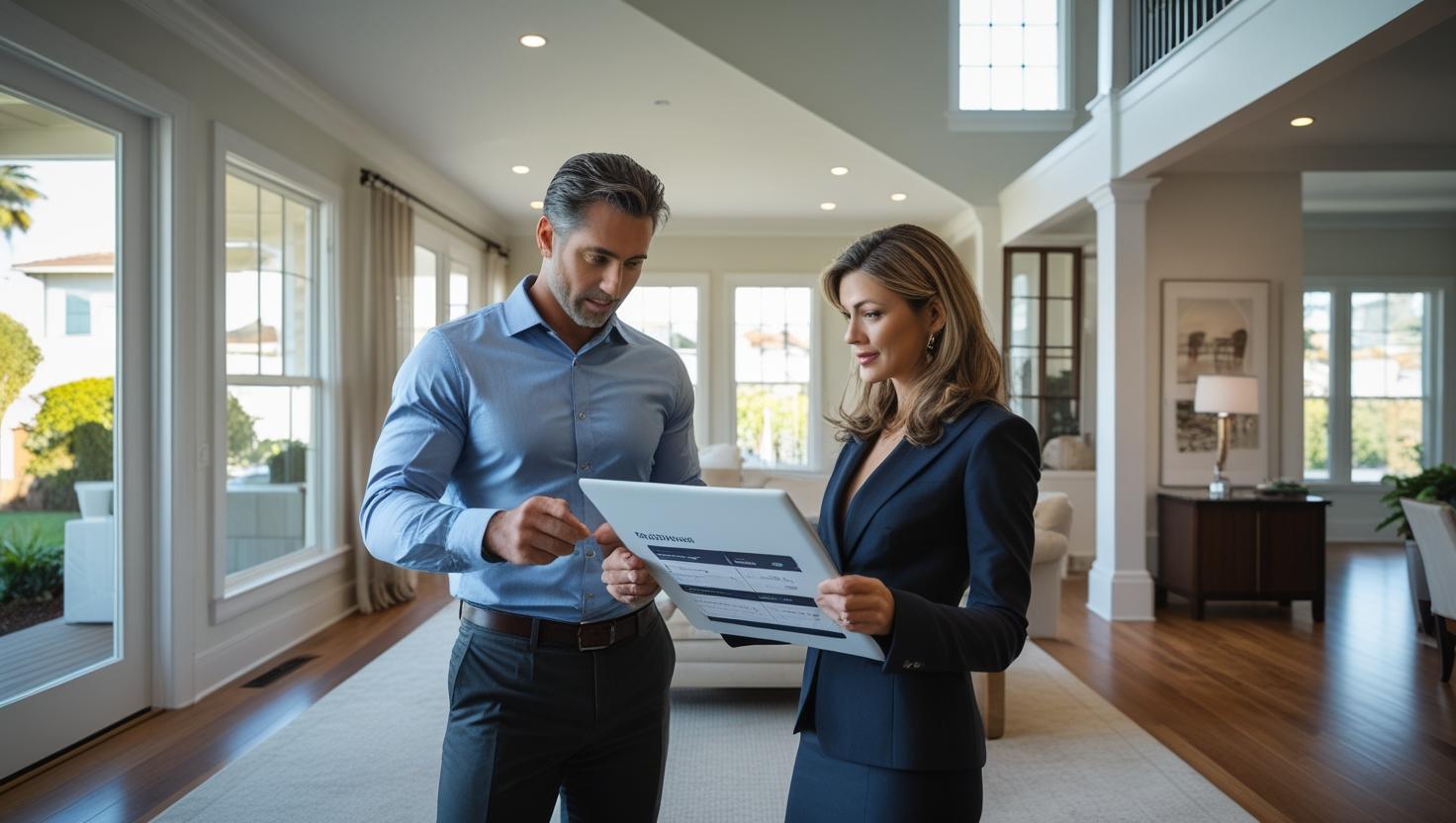 Generate a realistic image of a Bay Area homeowner consulting with a real estate agent in a modern, well-lit home. Show them reviewing documents or a tablet with listings, staging notes, or market data. The setting.jpg