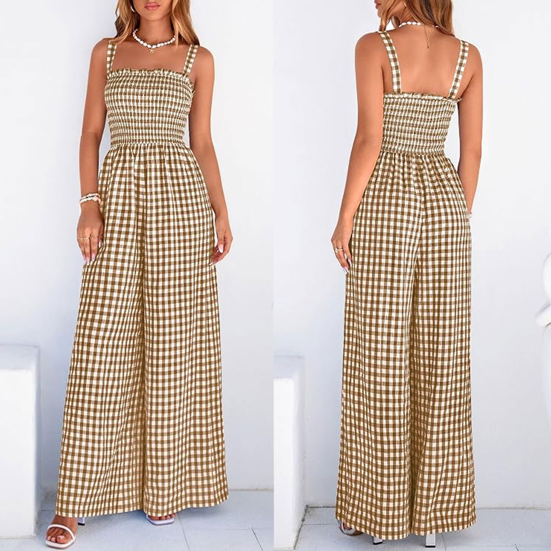 Womens Jumpsuit Summer Wide Leg Gingham Rompers One Piece Smocked Jumpers, Sleeveless Square Neck, Pockets, Casual Spring Outfits.jpg