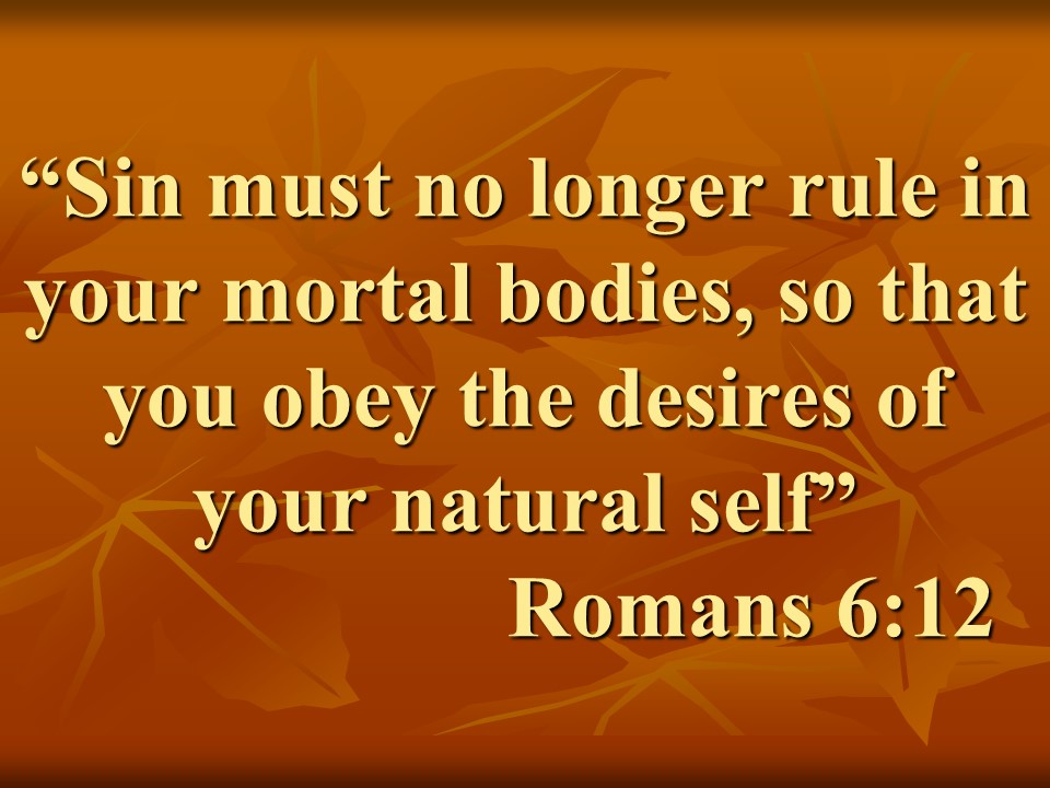 Christian spiritual change. Sin must no longer rule in your mortal bodies, so that you obey the desires of your natural self. Romans 6,12.jpg