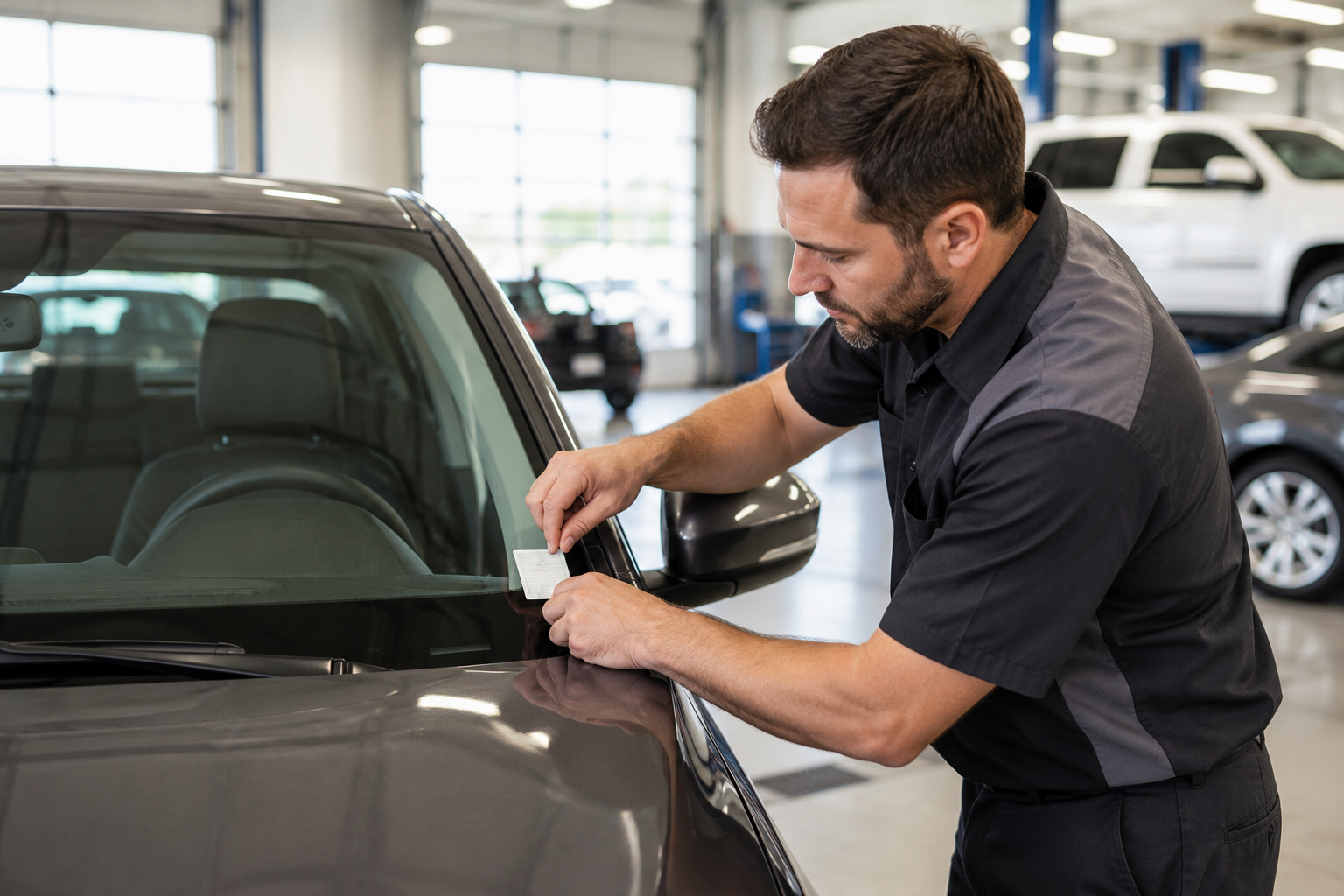 A service technician placing an oil change reminder sticker on a vehicle windshield..png