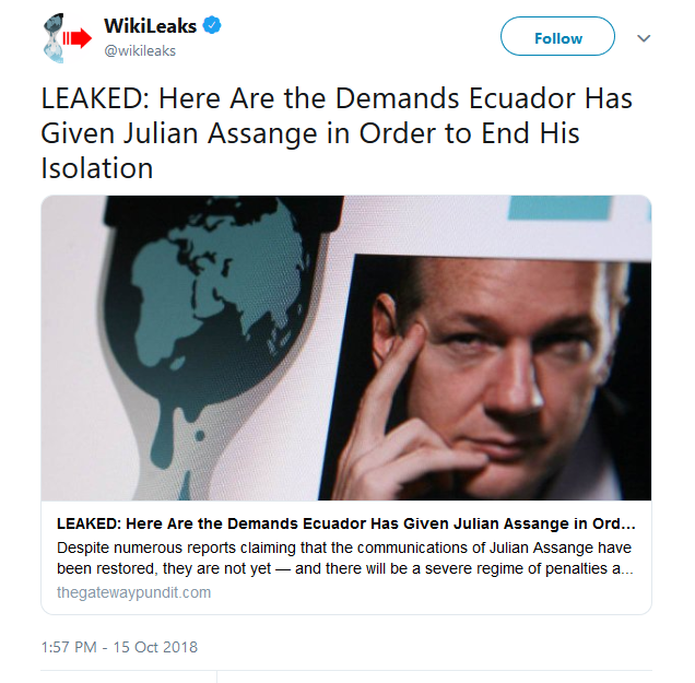 WikiLeaks on Twitter LEAKED Here Are the Demands Ecuador Has Given Julian Assange in Order to End His Isolation https t.co 8VytPpsTPc .png