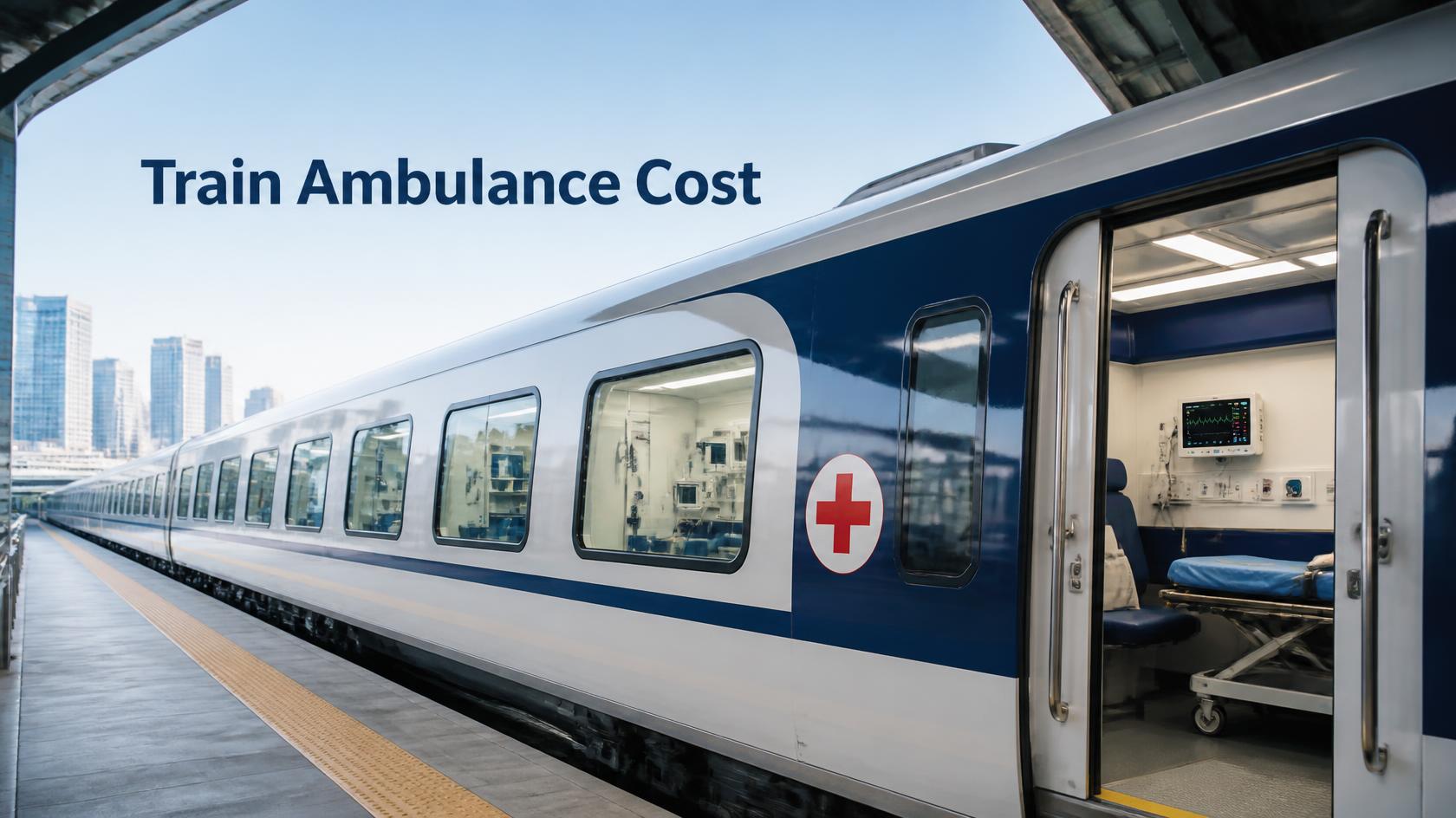 High-quality realistic editorial image of a train ambulance_ a modern medical train coach at a railway platform, with subtle visible medical equipment through the window and a calm professional healthcare .jpg