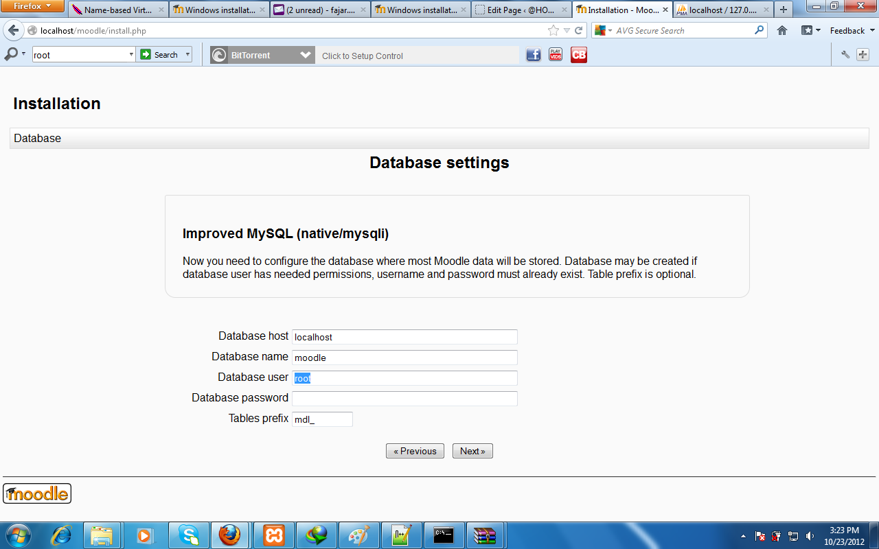 moodle installation database setting