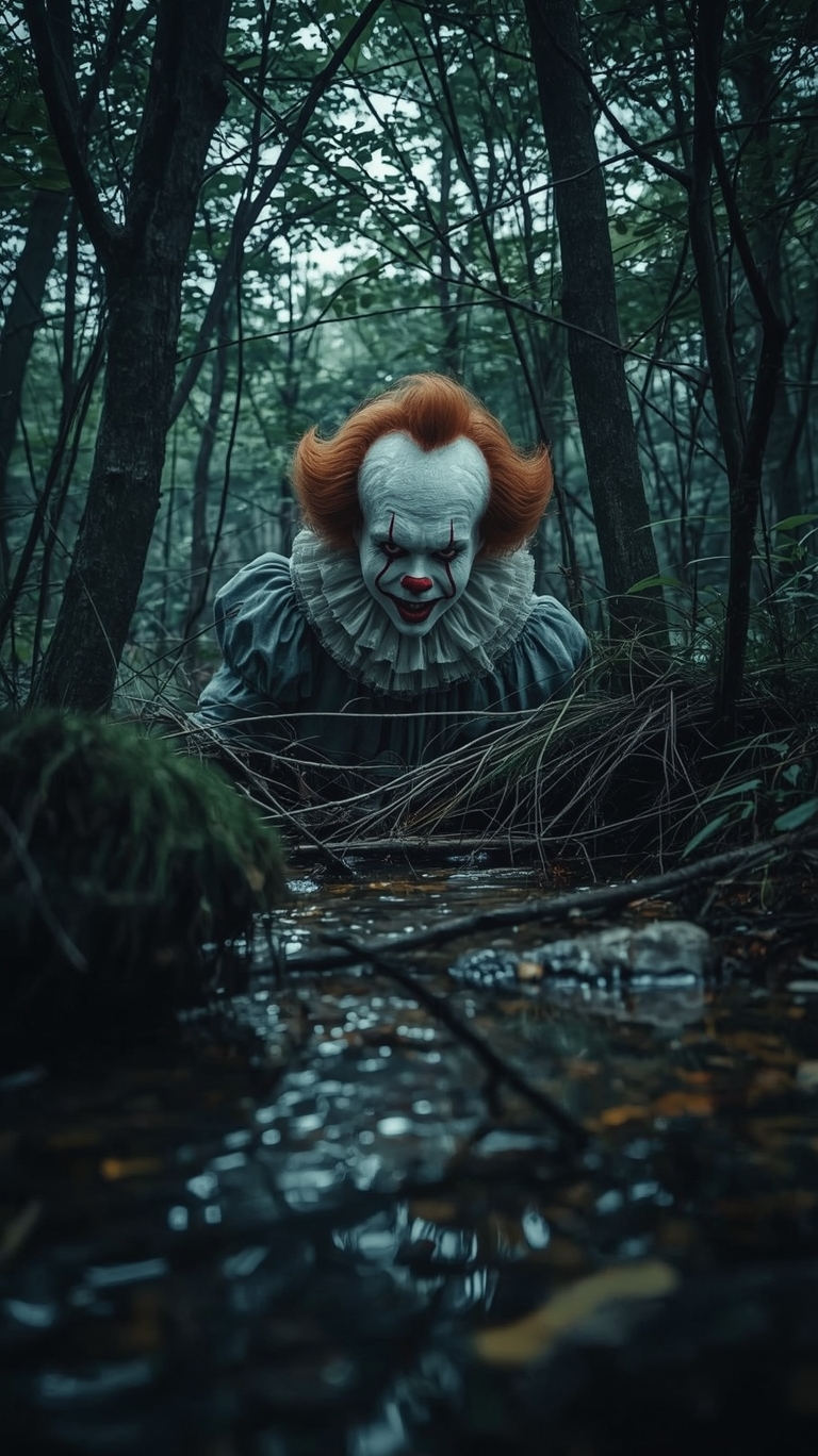 lucid-realism_Creepy_Pennywise_clown_in_the_dark_woods_near_river_hiding_in_vibrant_details-2.jpg