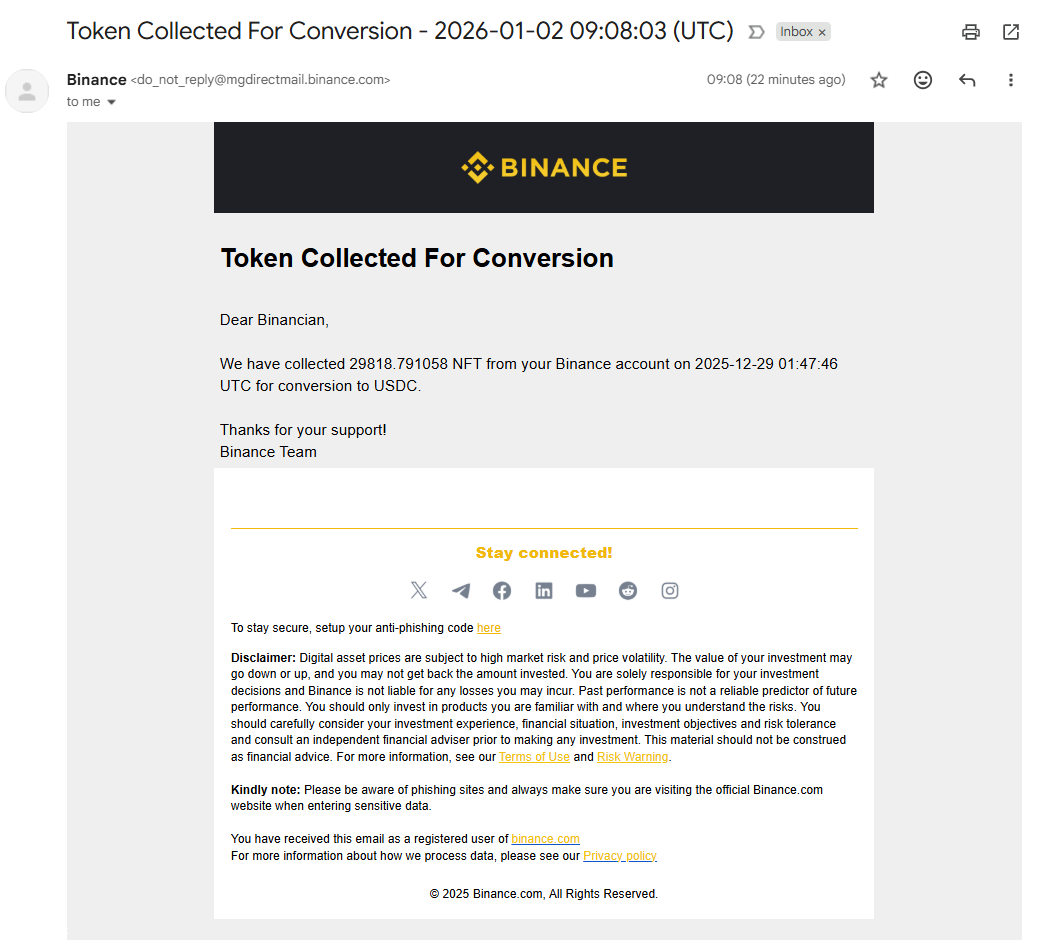 Binance: Token Collected For Conversion - 2026-01-02 09:08:03 (UTC) —  Steemit