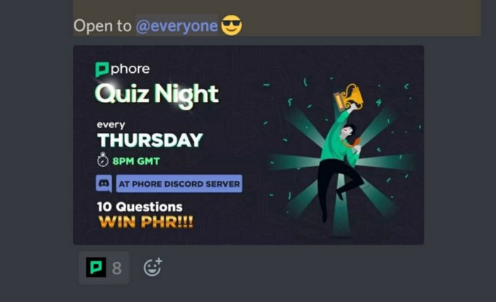 Ночная Викторина Phore в 23:00 по Москве каждый четверг на канале в Discord