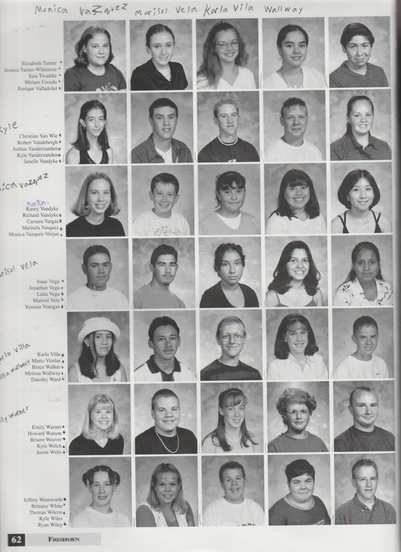 2000-2001 FGHS Yearbook Page 62 Kyle Vanderzanden, Richard Vandyke, Monica Verjan, Karla Villa, Melissa Wallway, Emily Warner, Briana Weaver, Kyle Welch, Jeff Wentsworth, Ryan Wiley.png