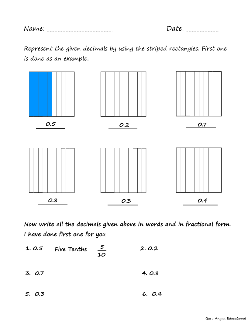 4th grade math worksheets on basic concept of decimals understanding tenths steemit